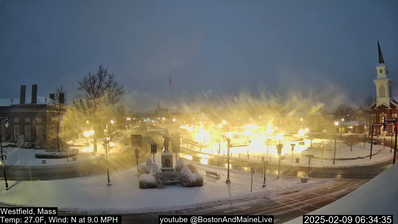A snow-covered town square at night, illuminated by streetlights, with swirling snow in a 27°F wind.