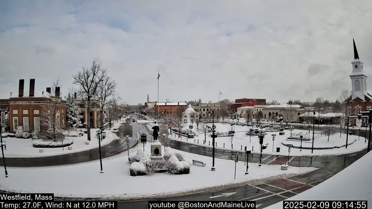 A snow-covered town square, with buildings and a statue, under a cloudy sky.