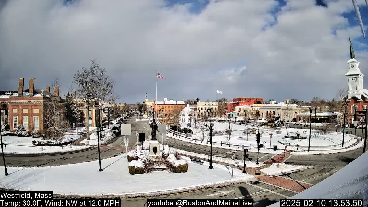 A snow-covered town square with brick buildings, a statue, and a church steeple under a partly sunny sky with a northwest wind.