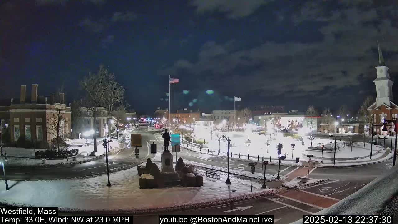 A snow-covered town square at night, illuminated by streetlights, features a statue in the center and buildings surrounding it under a partly cloudy sky, with a northwest wind at 23 mph and a temperature of 33°F.