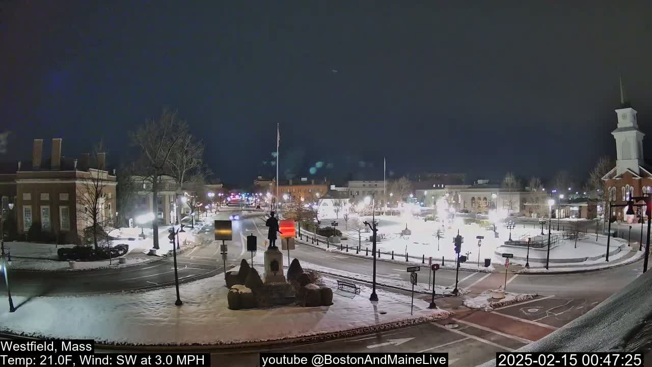 A snow-covered town square at night, illuminated by streetlights, features a statue in the center and several buildings surrounding it, with a light southwest wind.