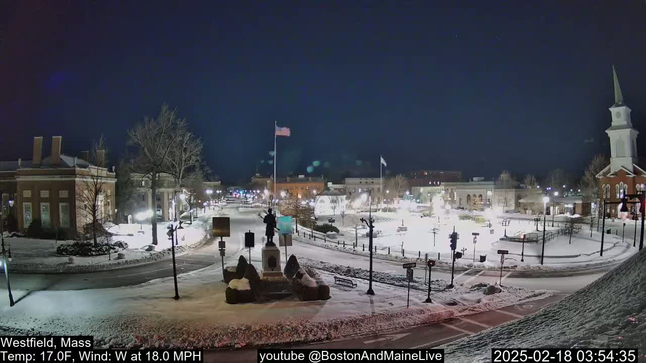 A snow-covered town square at night, illuminated by streetlights, with a statue in the center and buildings surrounding it, under a dark, clear sky with a strong wind.