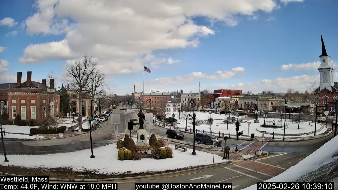 A partly sunny day with snow on the ground shows a town square with brick buildings, a statue, and parked cars.