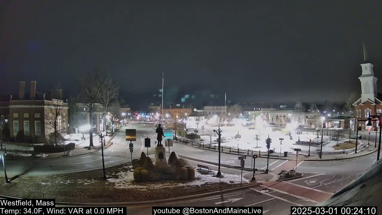A nighttime view of a snow-covered town square with a statue in the center, under a dark sky with variable winds.