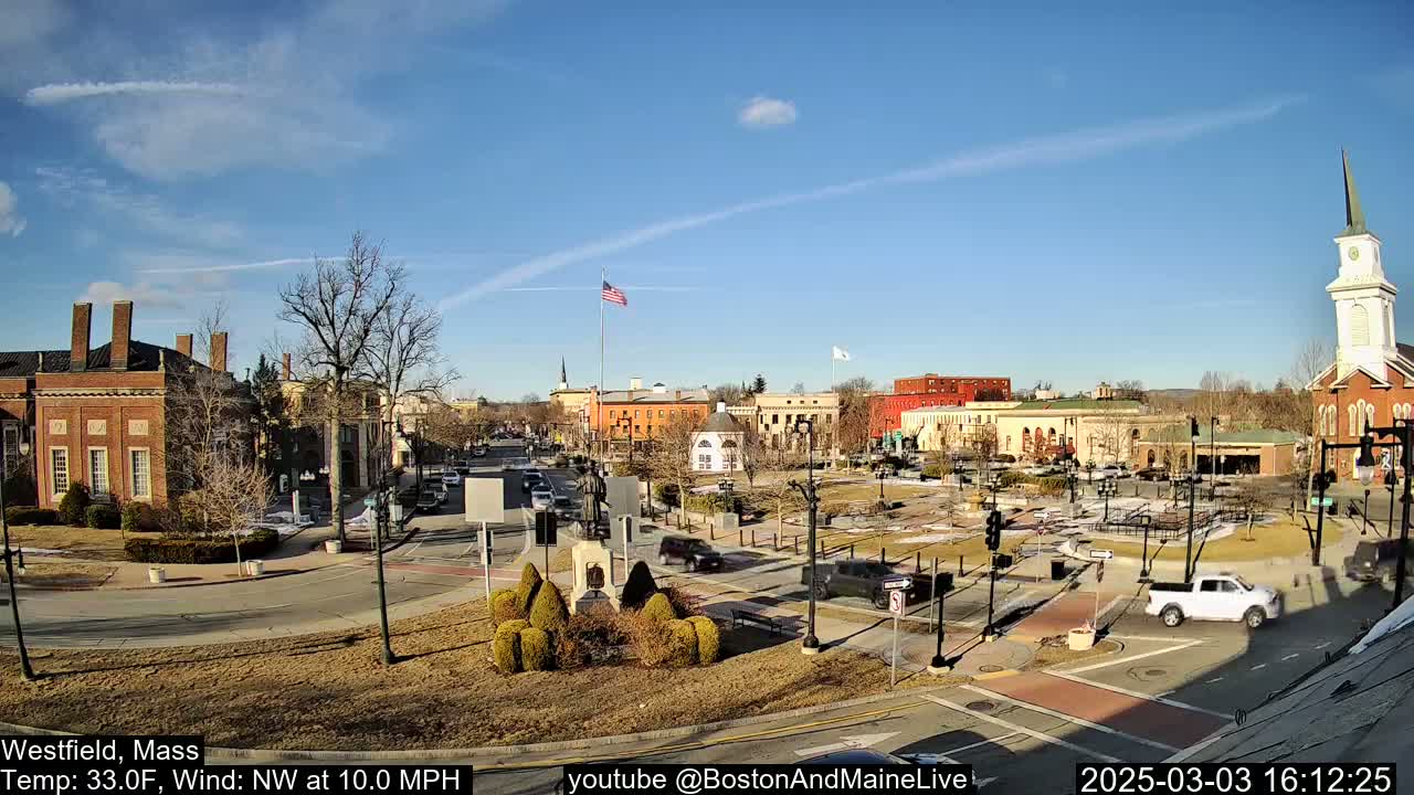 A town square with brick buildings, a church steeple, and a monument under a clear, sunny sky with a northwest wind.