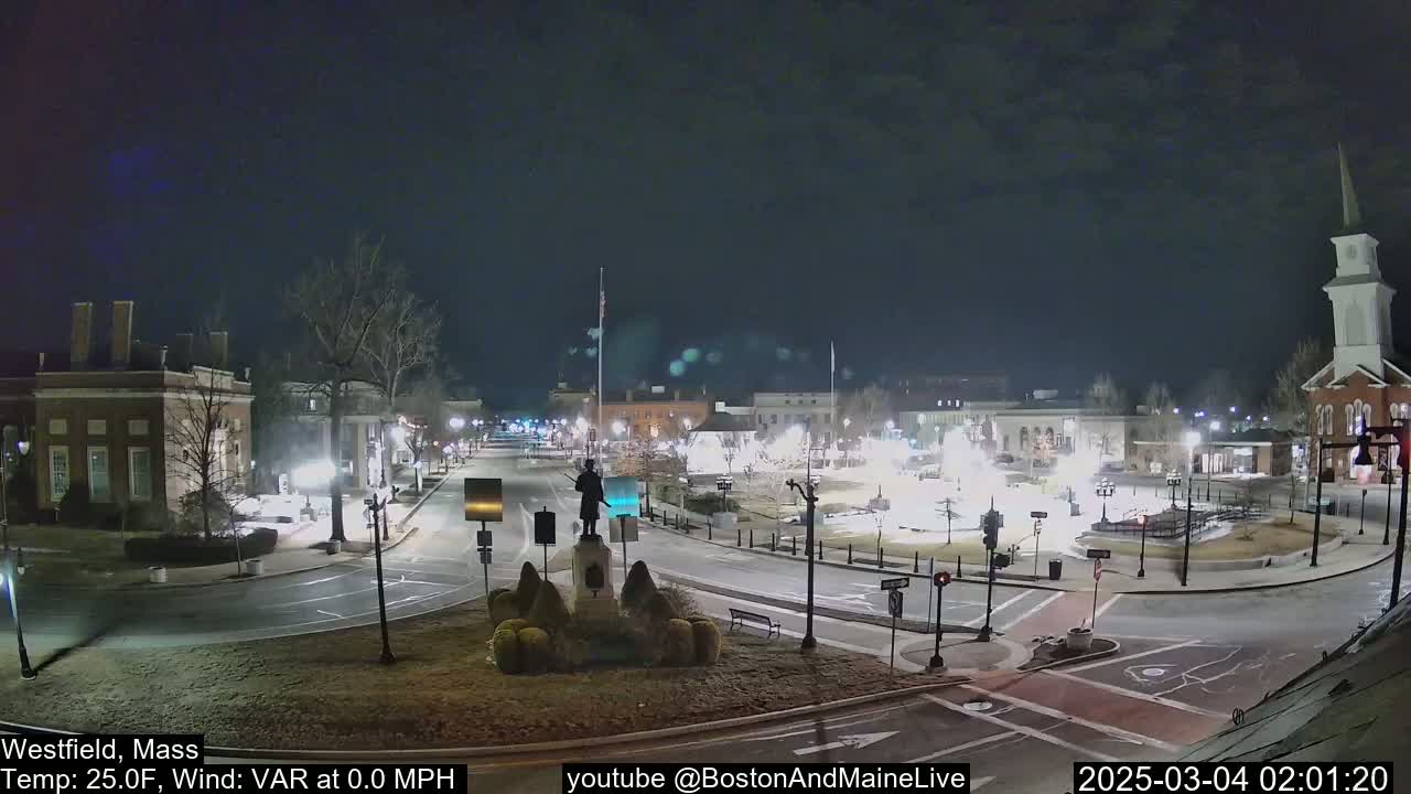 A nighttime view of a town square, illuminated by streetlights, with a statue in the center and buildings surrounding the perimeter under a clear, dark sky.
