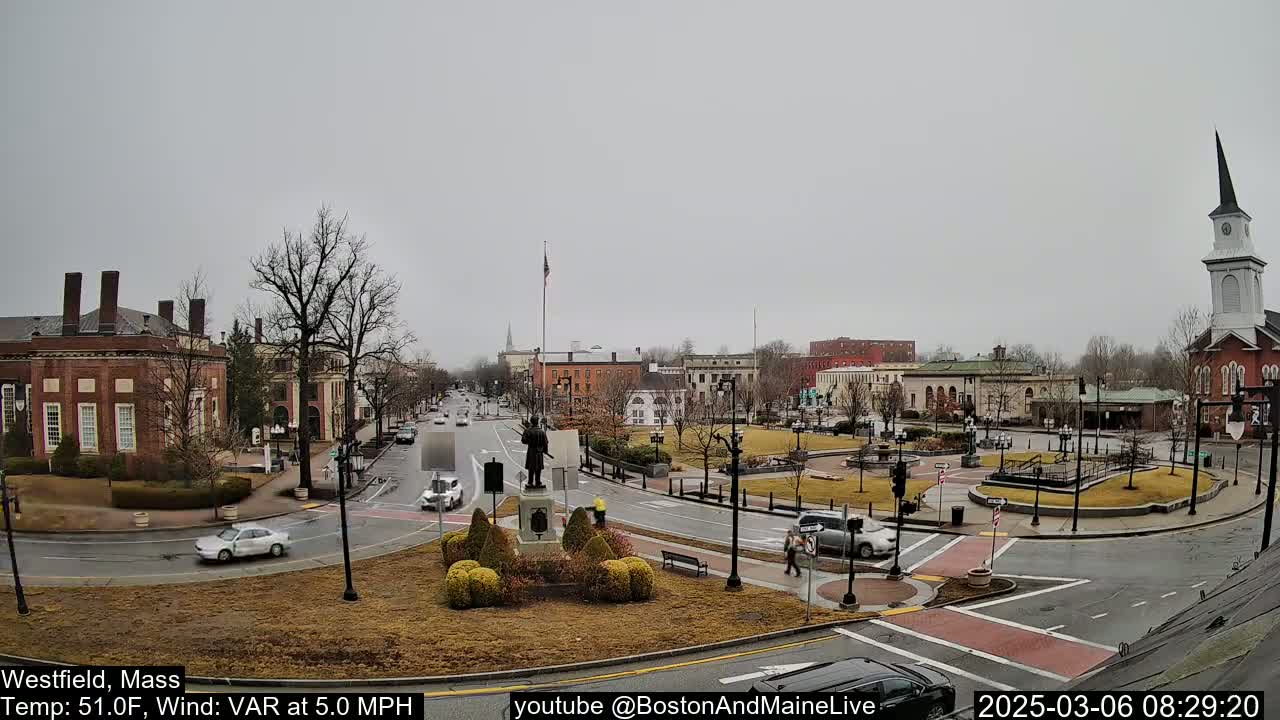 A town square with a statue in the center, surrounded by brick buildings and trees, under an overcast sky.