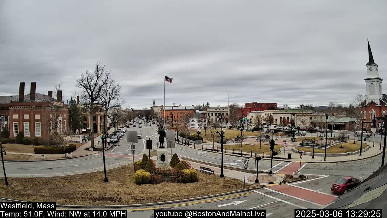 A town square with brick buildings, a statue, and a church steeple under an overcast sky, with a northwest wind at 14 mph.