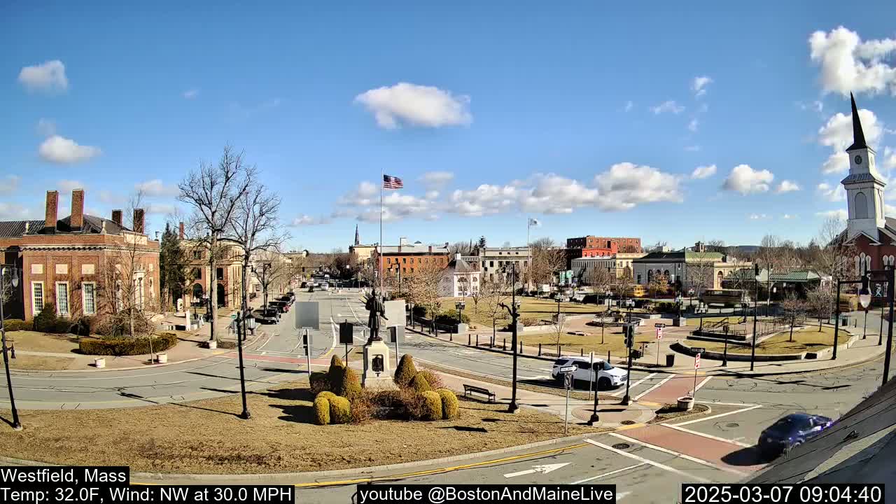 A town square with brick buildings, a statue, and a church steeple under a mostly sunny sky with some clouds and a strong northwest wind.