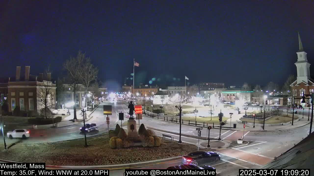 A nighttime view of a town square with a statue in the center, surrounded by buildings and cars under a clear, dark sky with a 35°F temperature and 20 mph wind from the west-northwest.