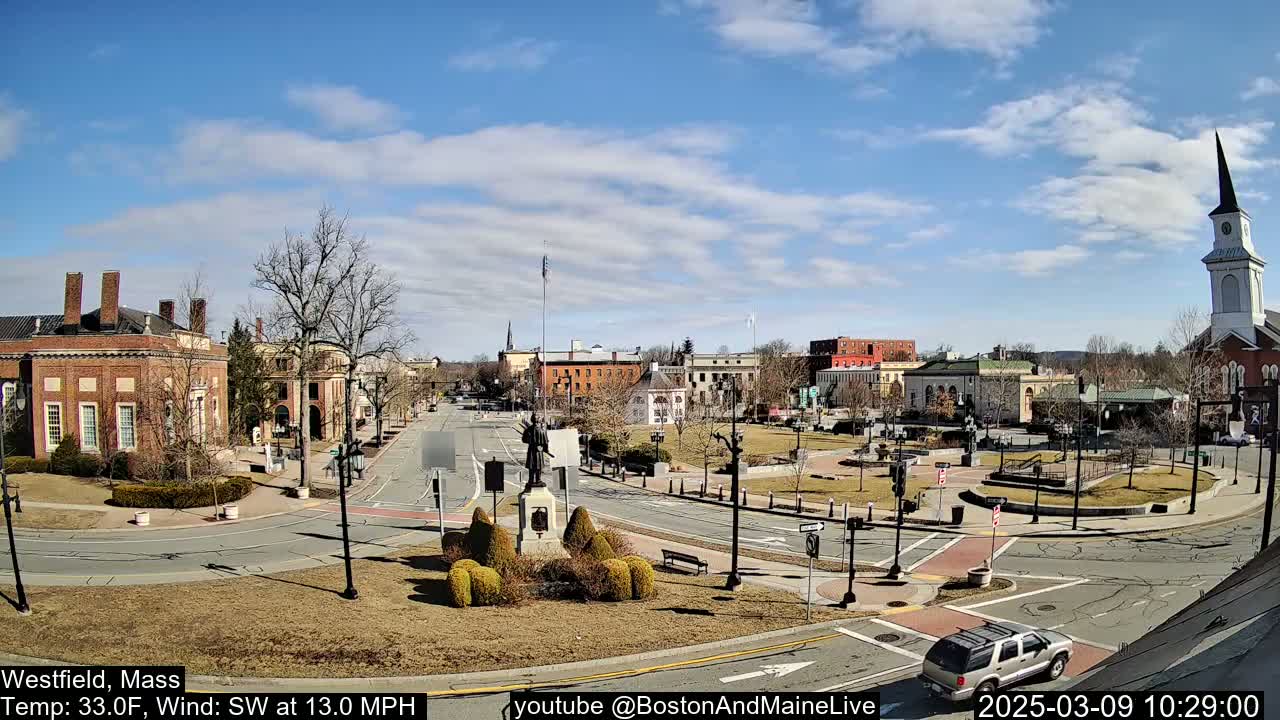A partly sunny day shows a town square with a statue at its center, surrounded by brick buildings and a church steeple, with a few cars on the roads.