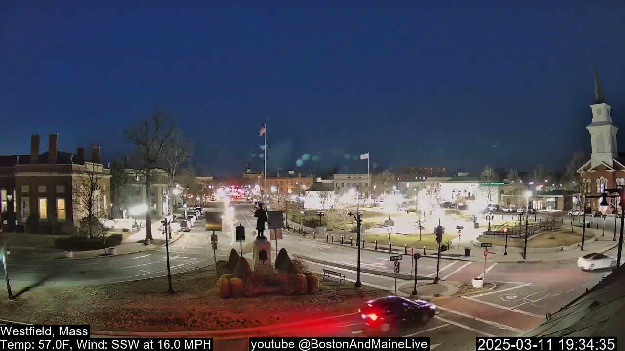 A nighttime view of a town square with a statue at its center, surrounded by buildings and cars under a clear, dark blue sky.
