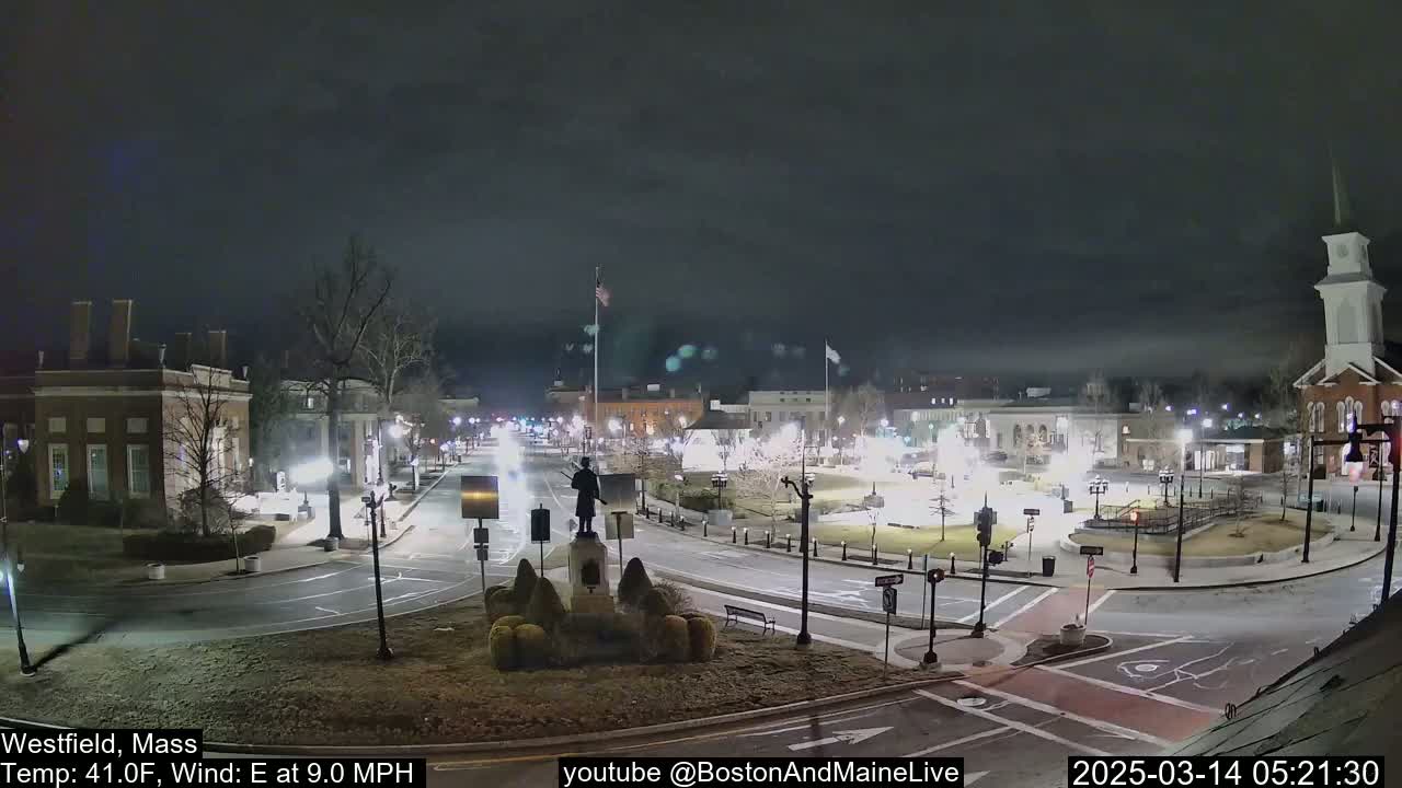 A nighttime view of a town square with a statue at its center, surrounded by buildings and streets under a dark, cloudy sky.