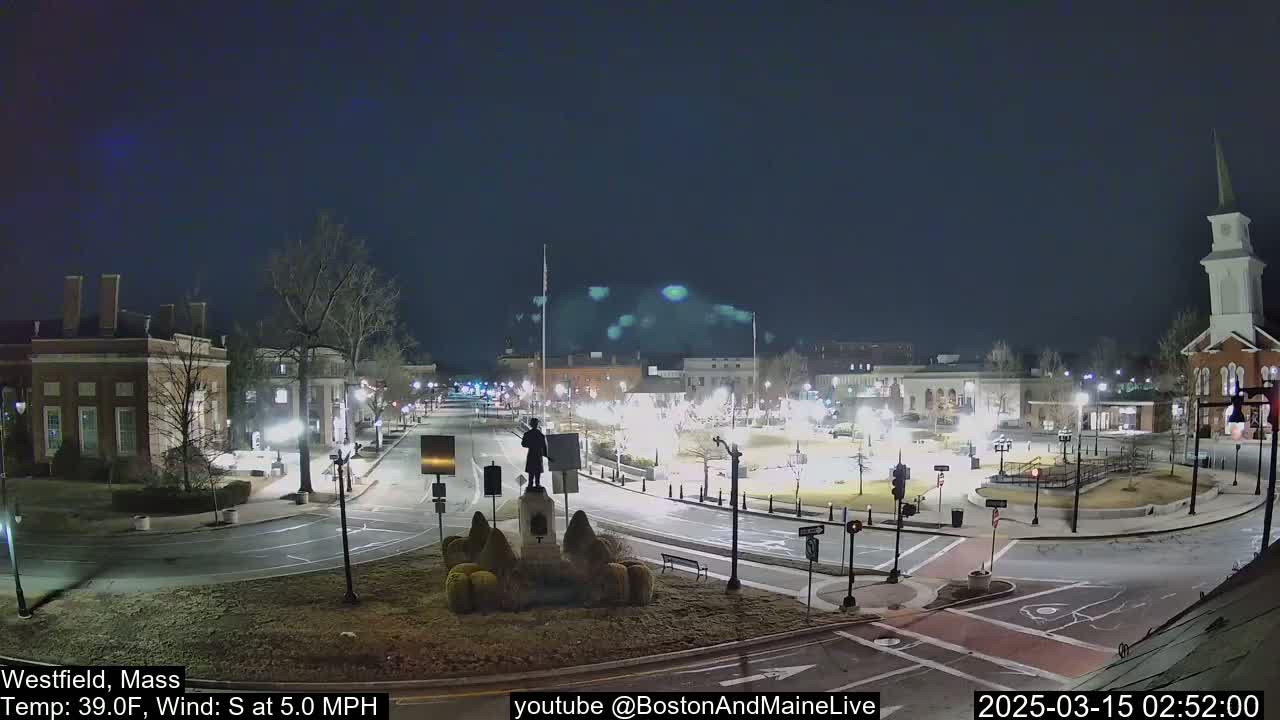 A nighttime view of a town square with a statue at its center, under a clear, dark sky.