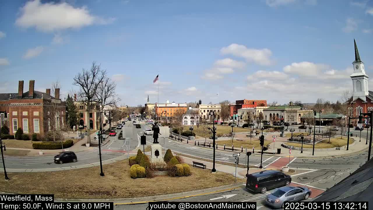 A town square with brick buildings, a statue, and sparse traffic under partly cloudy skies.