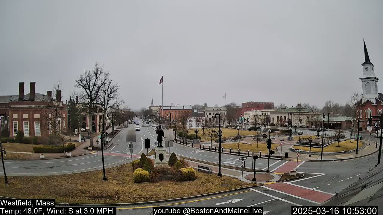 A town square with brick buildings, a statue, and a church steeple under an overcast sky.
