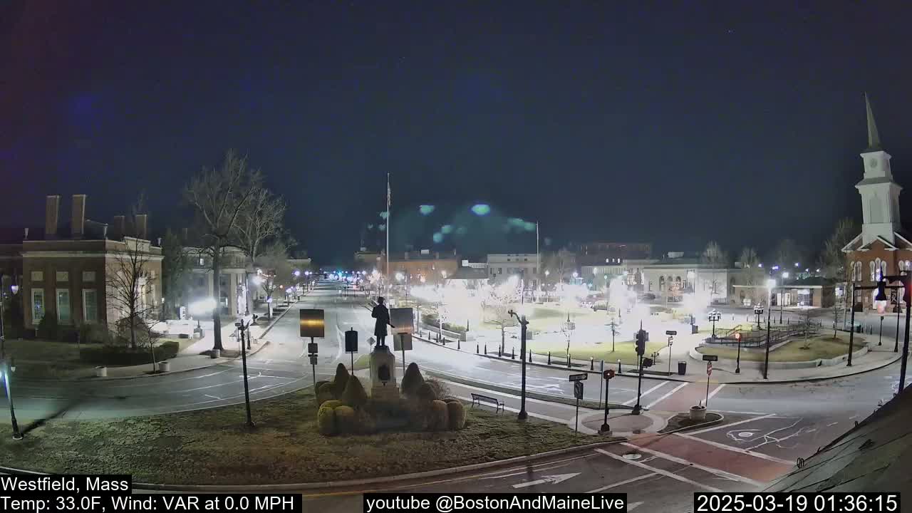 A nighttime view of a town square, illuminated by streetlights, with a statue in the center and buildings surrounding the area under a clear night sky.