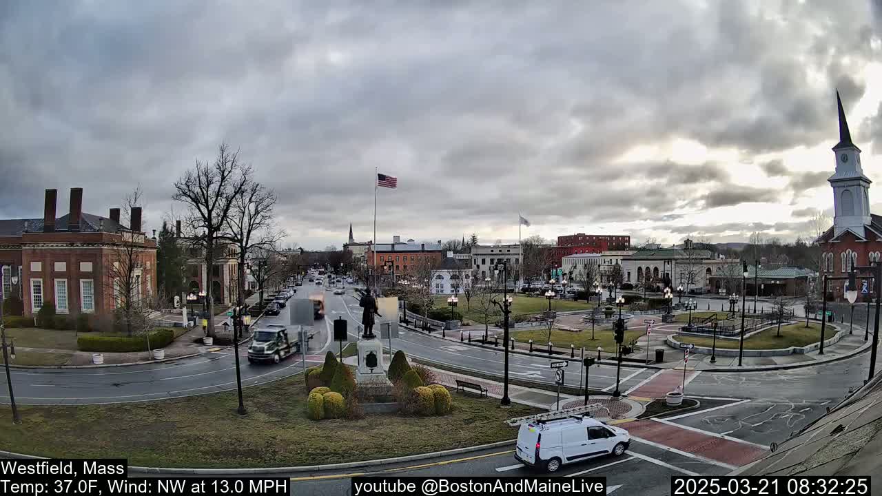 A town square with brick buildings and a statue at its center, under an overcast sky with a northwest wind.