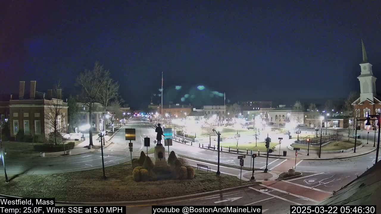 A nighttime view of a town square, with a statue in the center, under a clear, dark sky, and a light wind.