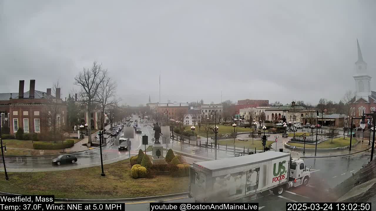 A wet town square with several buildings, a statue, and vehicles driving on roads under an overcast sky.