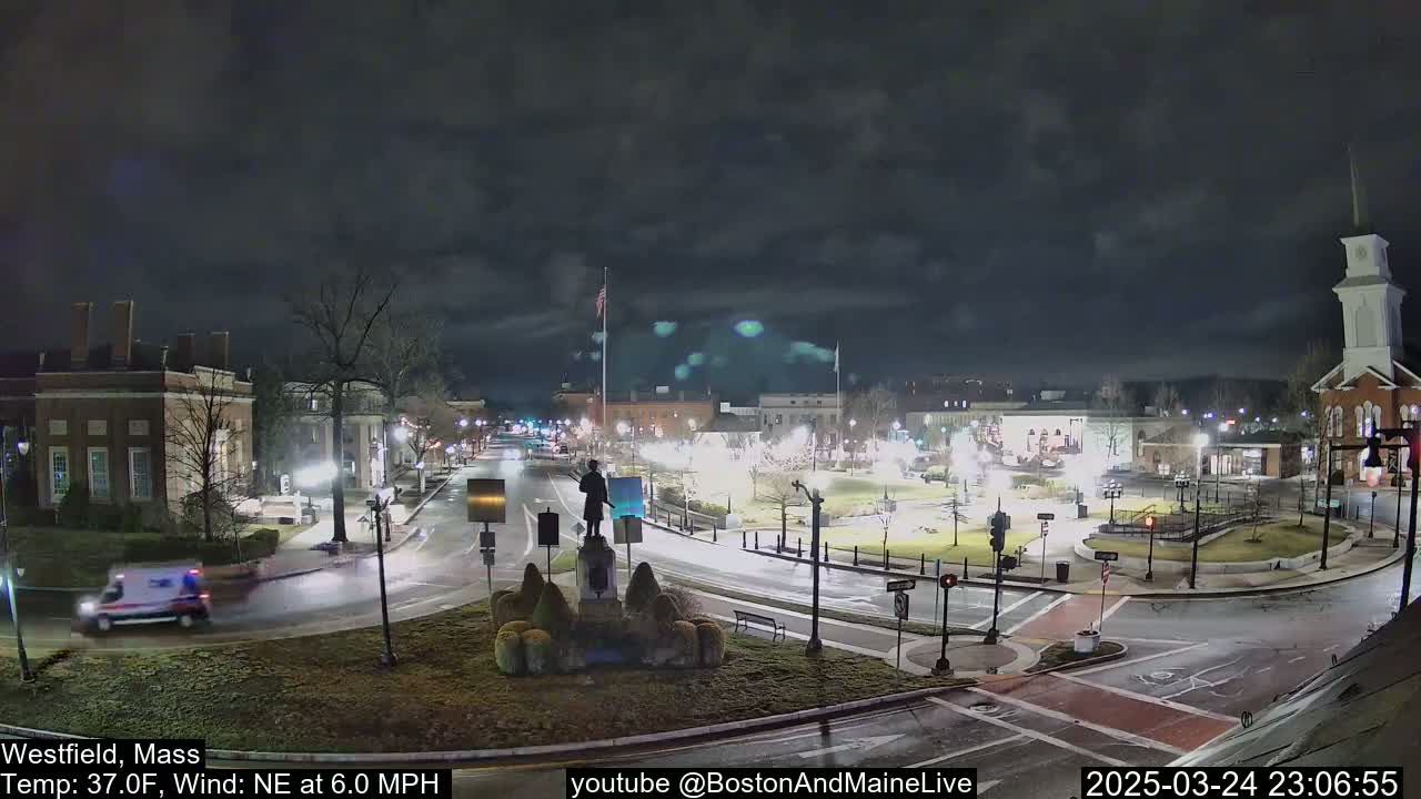 A nighttime view of a town square with a statue in the center, surrounded by buildings and roads, under a cloudy sky.
