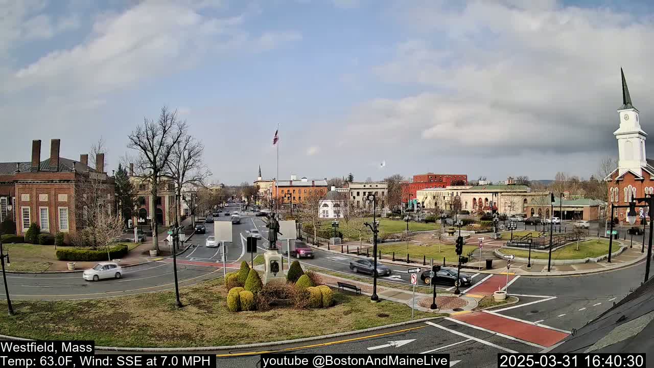 A partly cloudy day shows a town square with brick buildings, a monument, and sparse traffic, under a light wind.