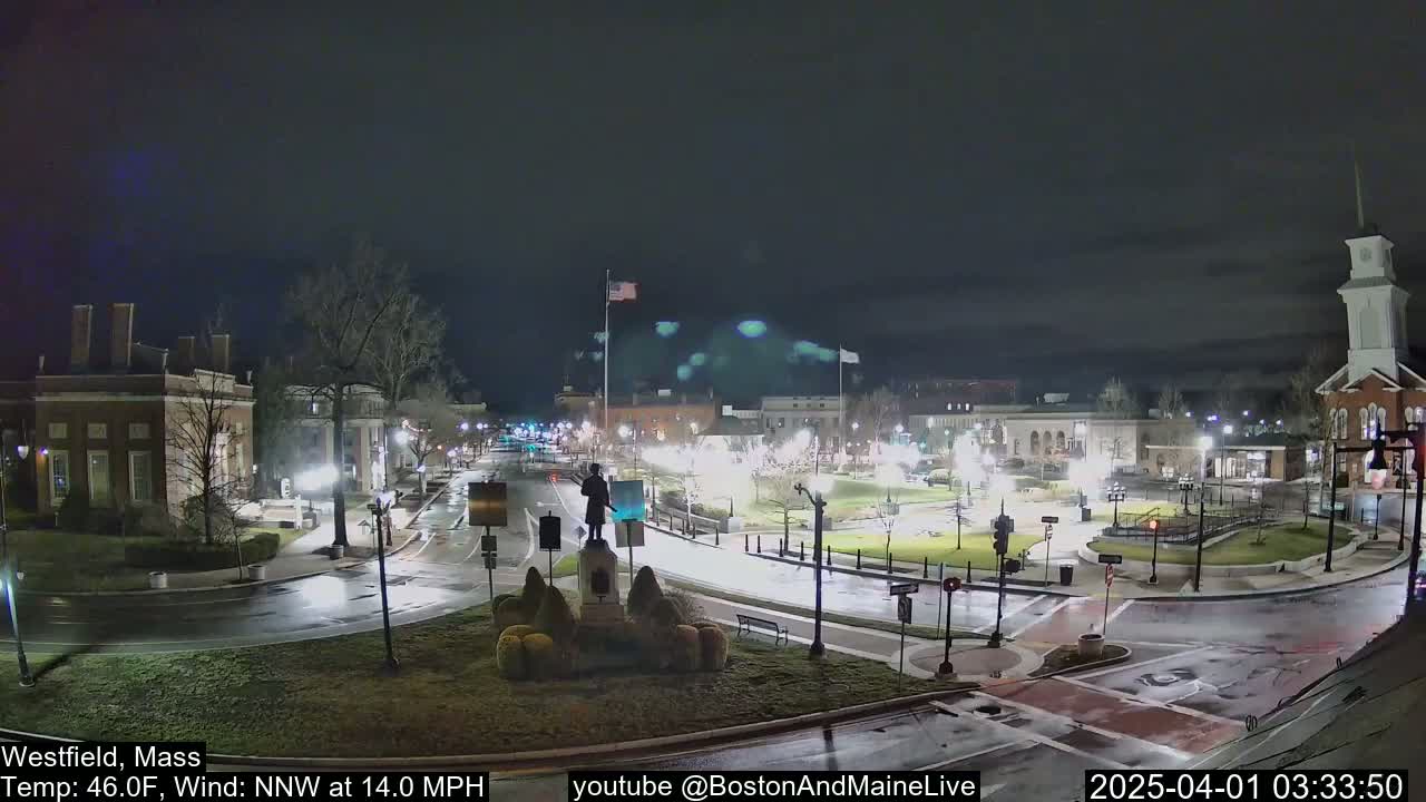 A nighttime view of a town square with a statue in the center, wet roads, and several buildings illuminated under a dark sky.