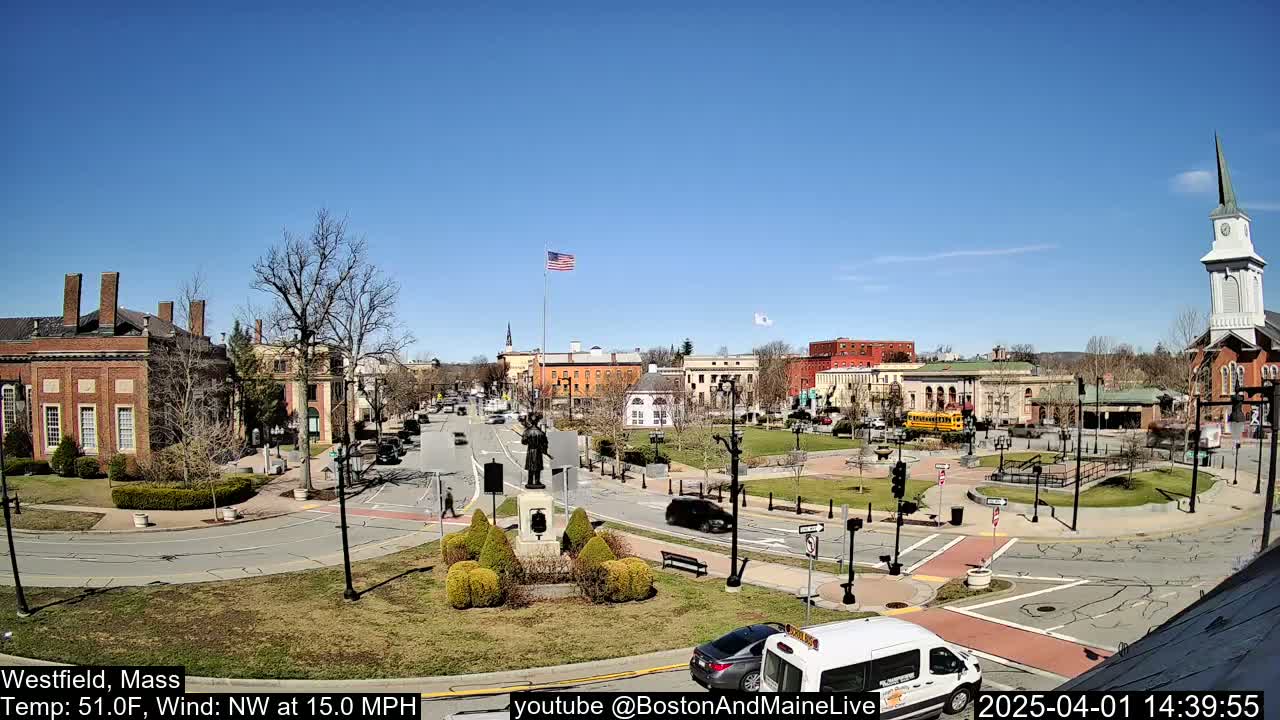 A town square with brick buildings, a statue, and a church steeple under a clear blue sky, with a northwest wind.