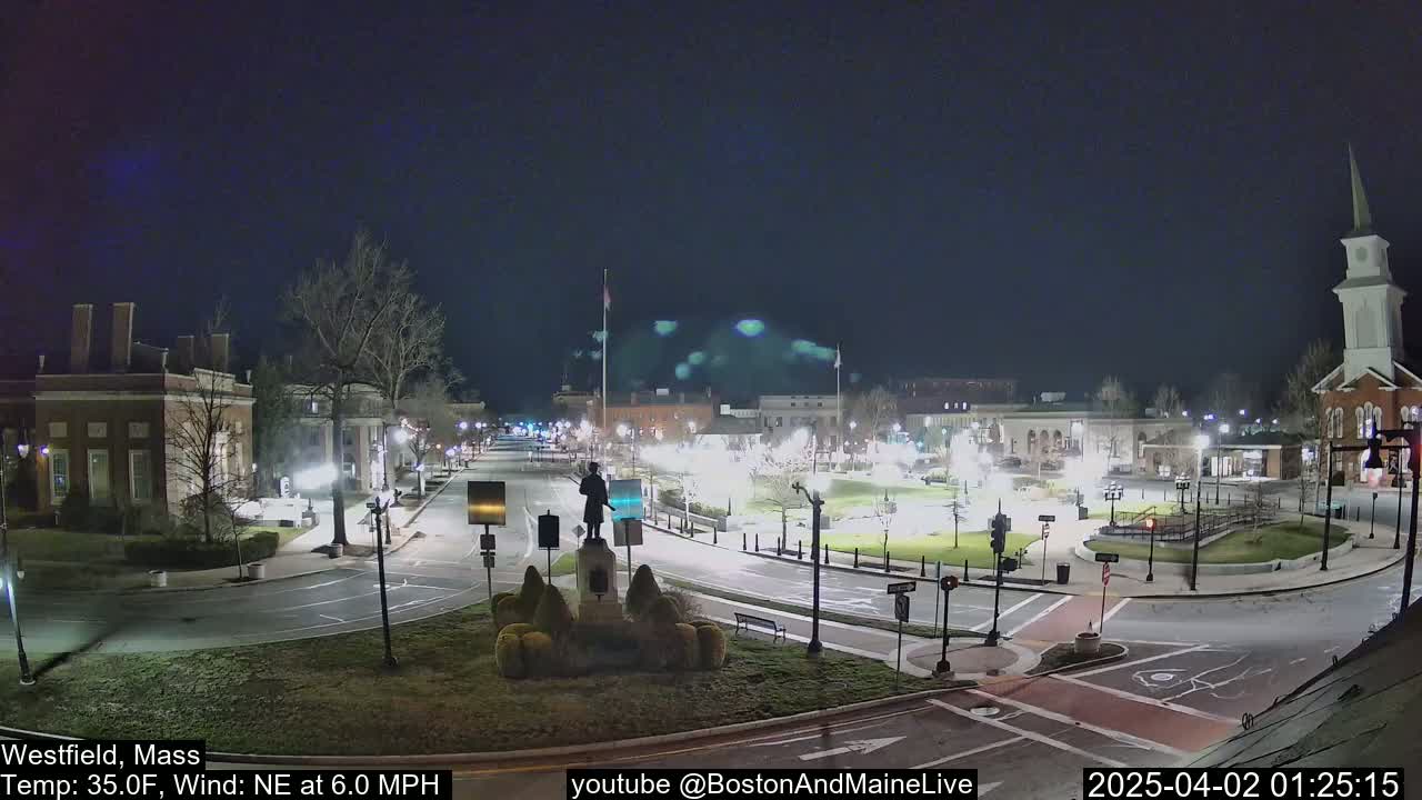 A nighttime view of a town square with a statue in the center, surrounded by buildings and trees under a clear, dark sky, with a gentle northeast wind.