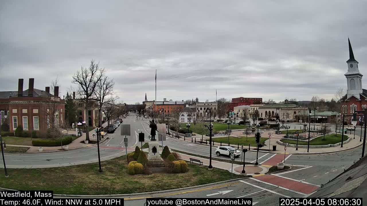 A town square with brick buildings, a statue, and a church under an overcast sky.