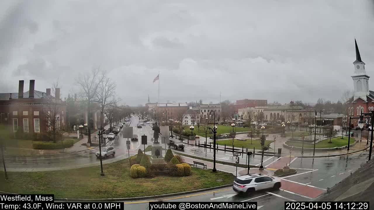 A rainy town square scene shows a monument in the center, surrounded by wet roads, cars, and buildings under a cloudy sky.