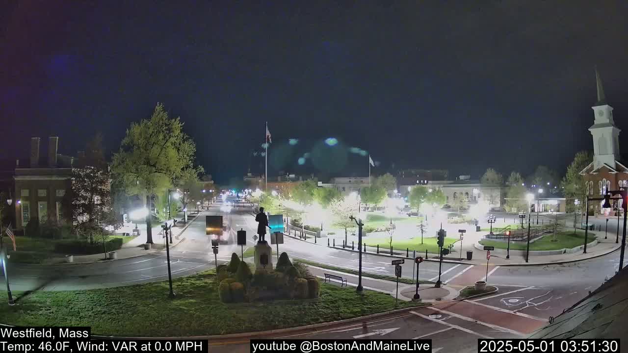 A nighttime view of a town square with a statue in the center, surrounded by buildings, trees, and sparsely trafficked roads under a clear sky.