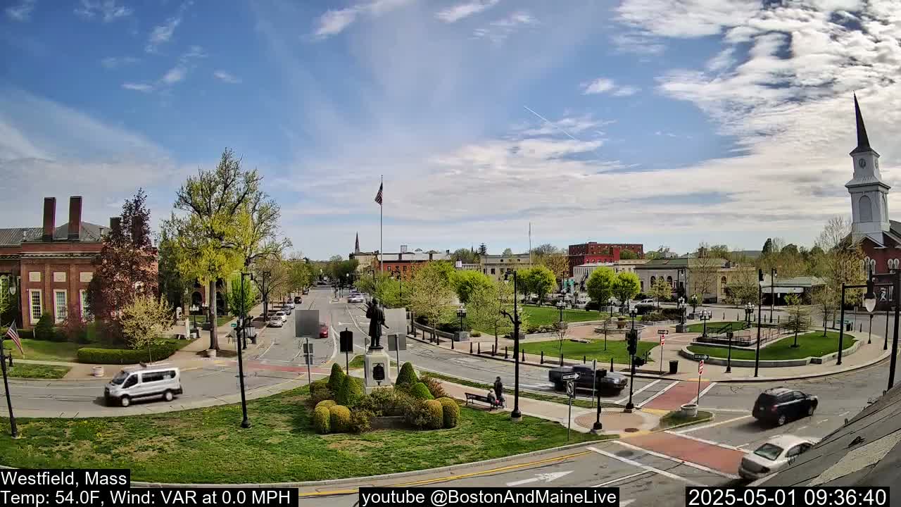 A partly cloudy, sunny day reveals a town square with a statue, several cars, and buildings, including a church steeple.
