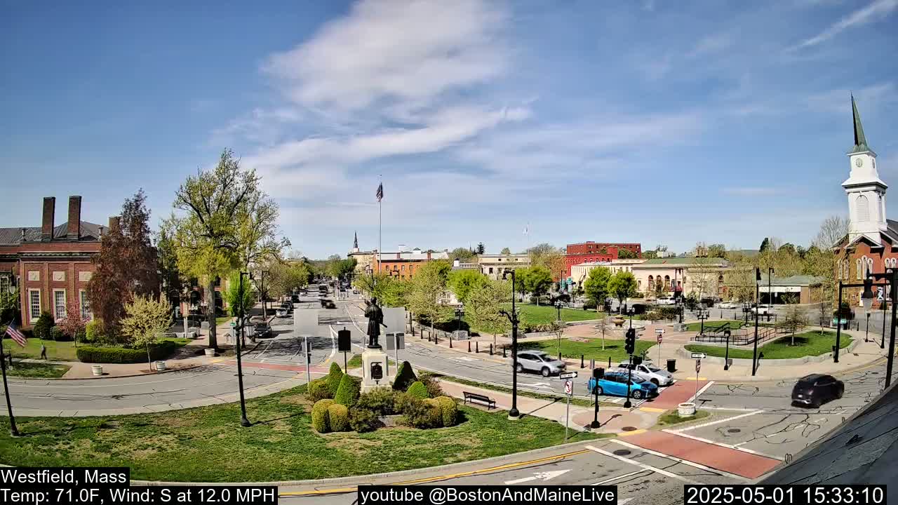 A town square with brick buildings, green spaces, and a few cars on a sunny day with a south wind.