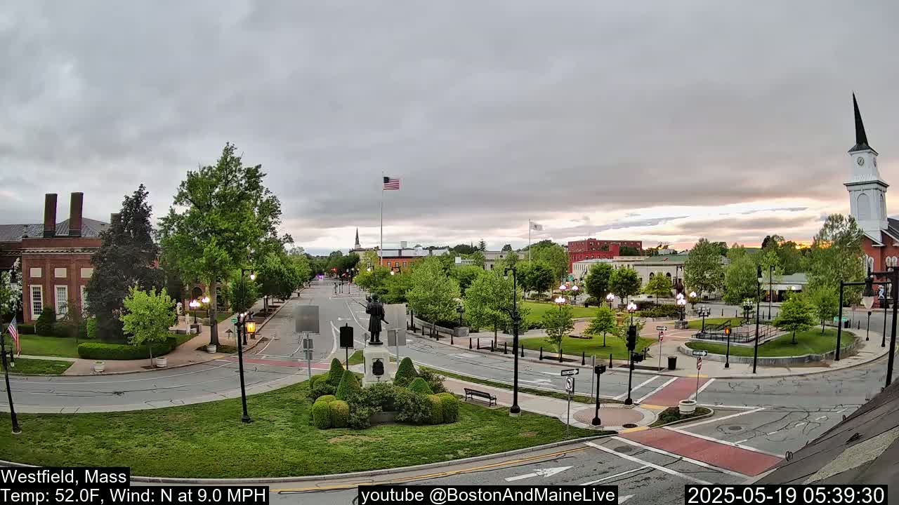 A town square with a statue, green spaces, and brick buildings under an overcast sky.