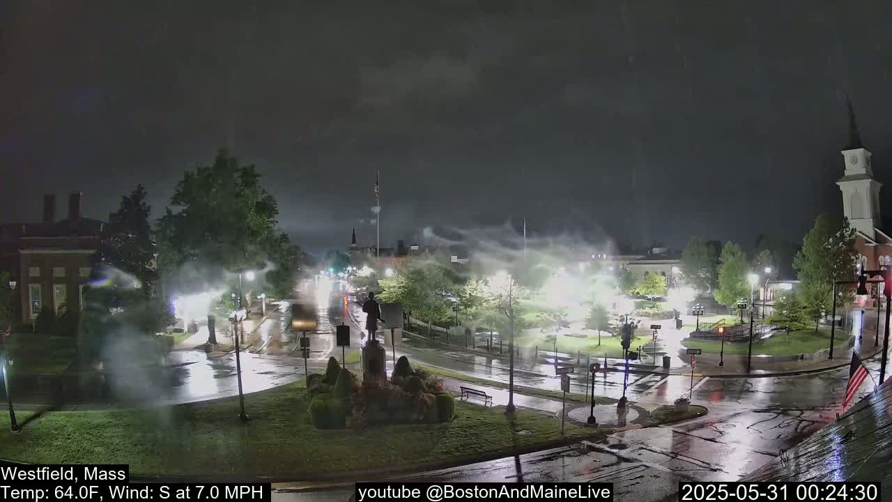 A nighttime view of a town square with wet streets and strong winds under a dark, cloudy sky.