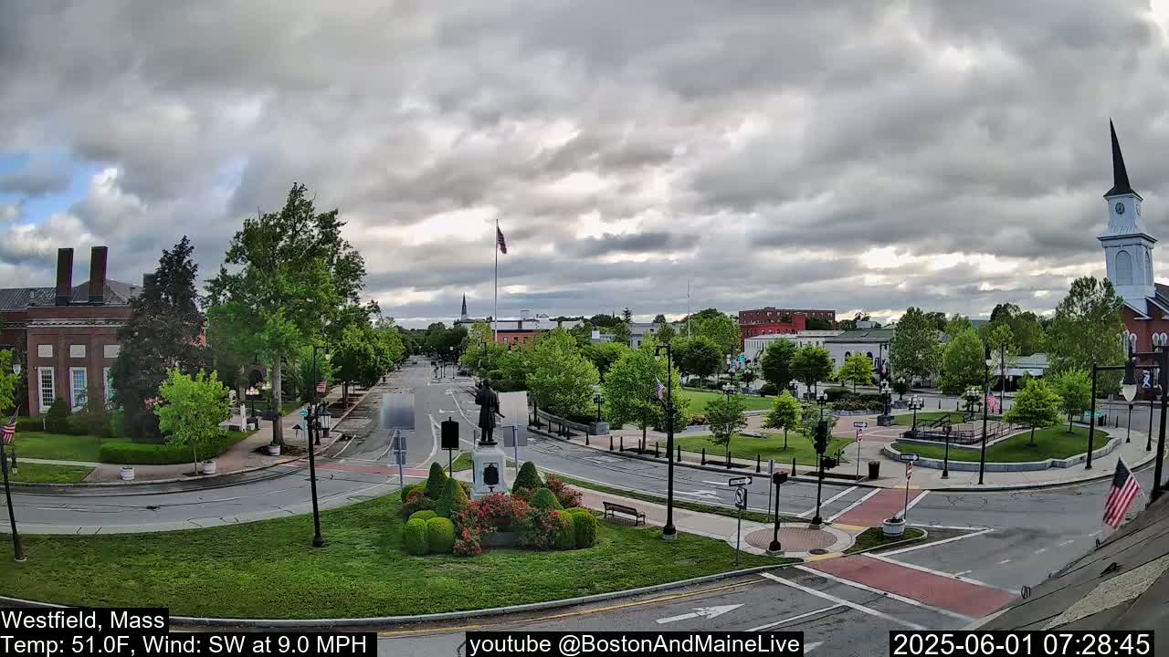 A mostly cloudy day reveals a town square with a statue at its center, surrounded by brick buildings, lush green trees, and a church steeple in the background.