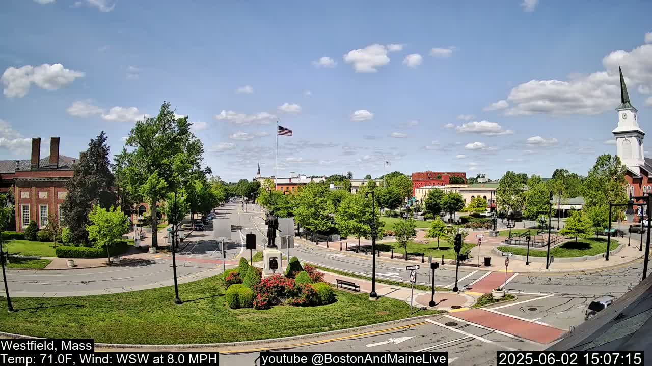 A town square with a statue in the center, surrounded by green spaces, buildings, and roads, under a partly cloudy sky.