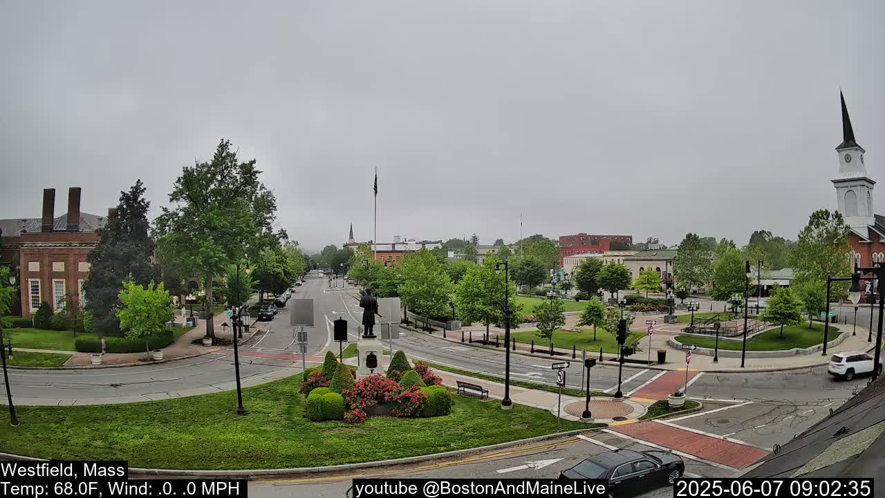 A town square with a statue at its center, surrounded by green trees and buildings under an overcast sky.