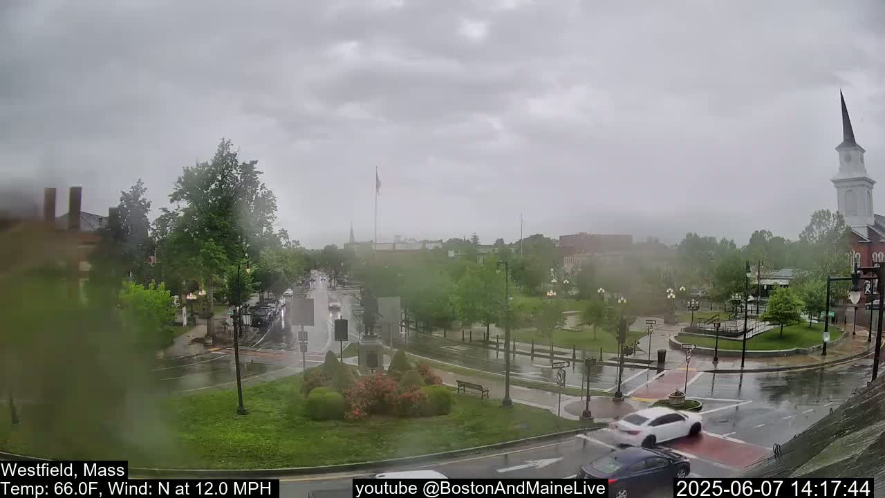 A rain-slicked town square with cars driving through, under a gray, overcast sky.