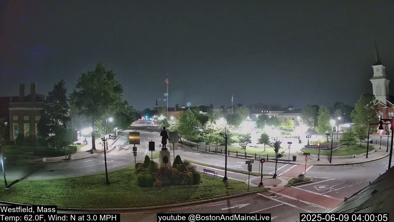 A nighttime view of a town square with a statue in the center, under a clear, dark sky with a gentle north wind.