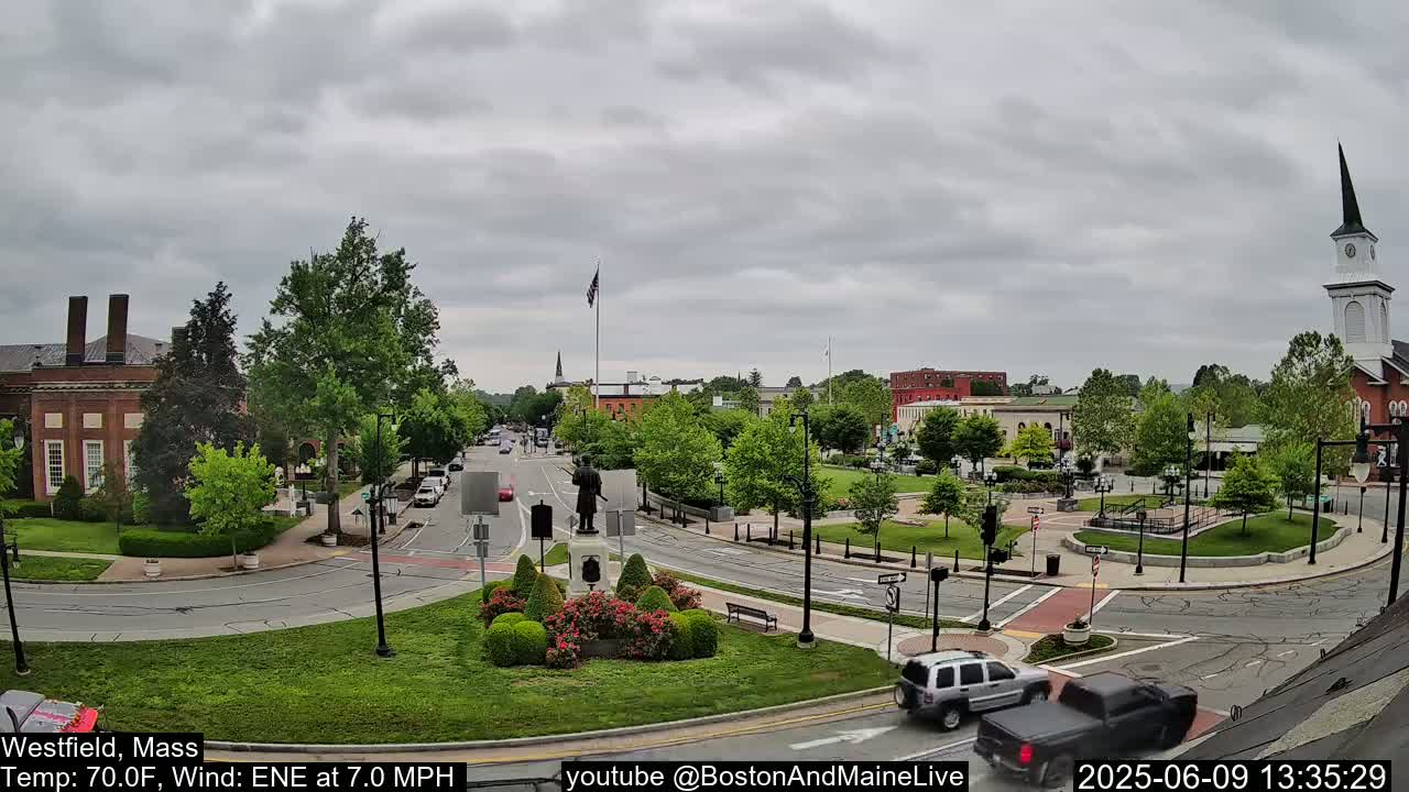 An overcast day reveals a town square with a statue, green spaces, and several vehicles at an intersection, surrounded by brick buildings and lush green trees.