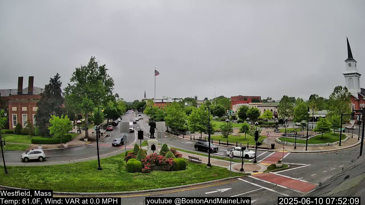 A town square with a statue, several cars, and green spaces under an overcast sky.