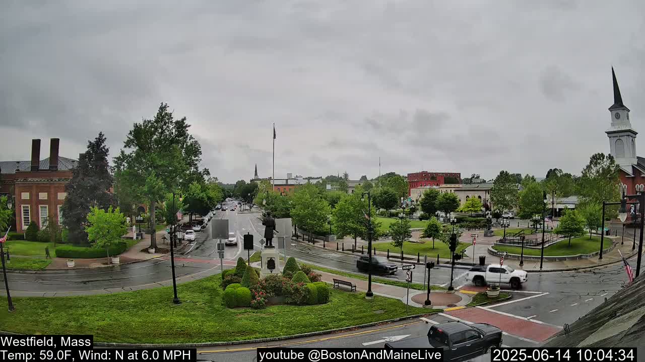 A town square with a statue and several buildings, under an overcast sky with a light wind and a temperature of 59 degrees Fahrenheit.