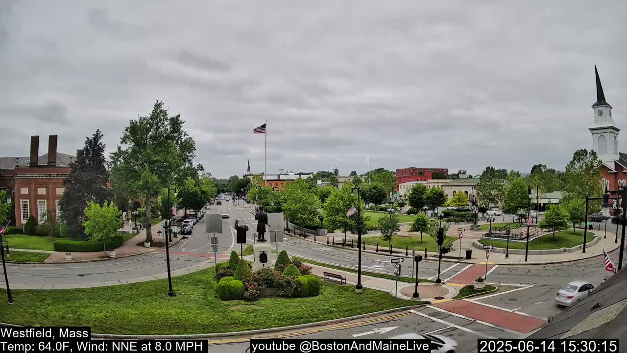A town square with a statue and several buildings, under an overcast sky with a light wind and a temperature of 59 degrees Fahrenheit.