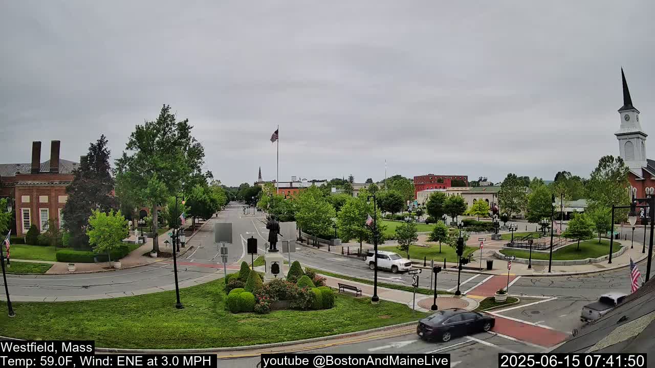 A town square with a statue, several buildings, and green spaces under an overcast sky.