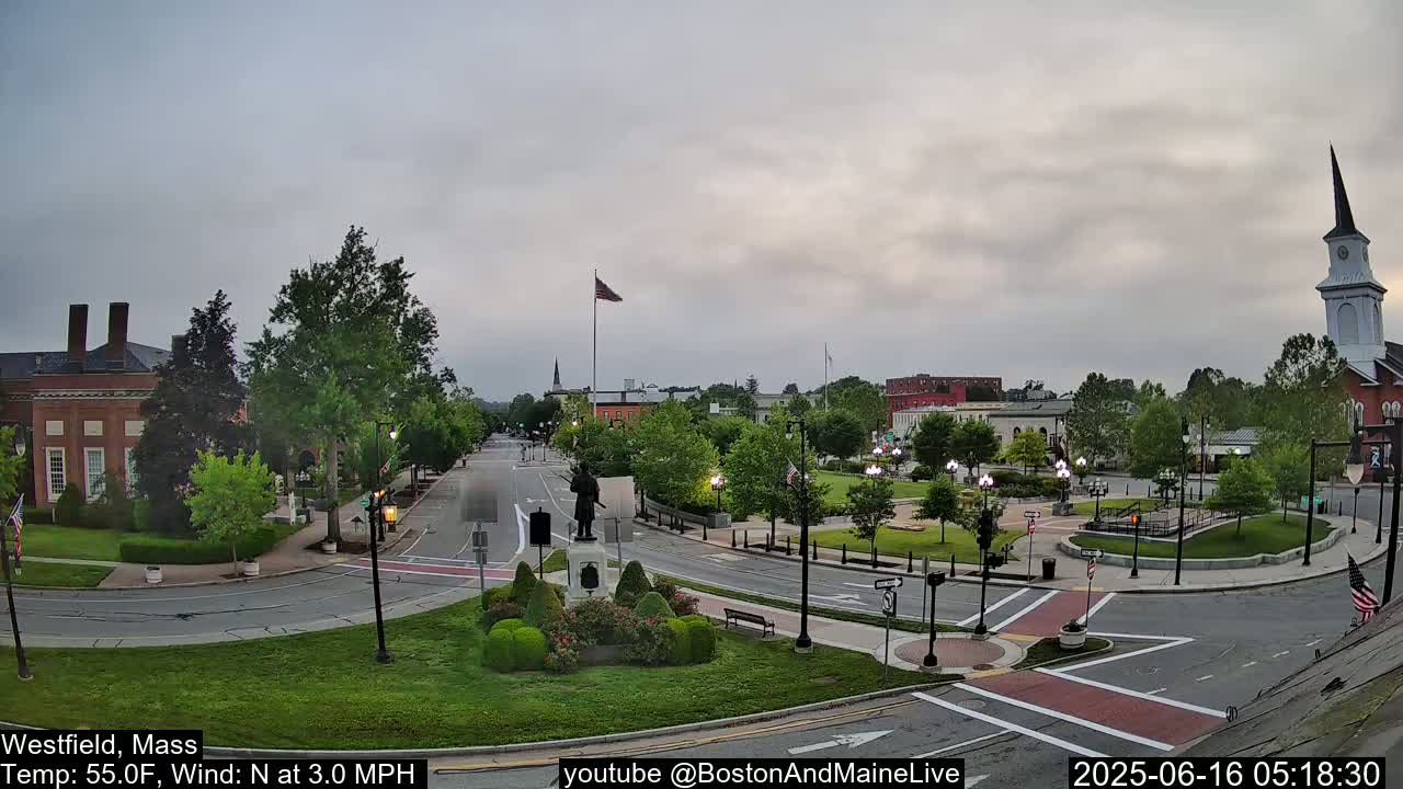 A mostly cloudy, cool morning scene of a town square with a statue in the center, brick buildings, and green spaces, under a mostly cloudy sky.