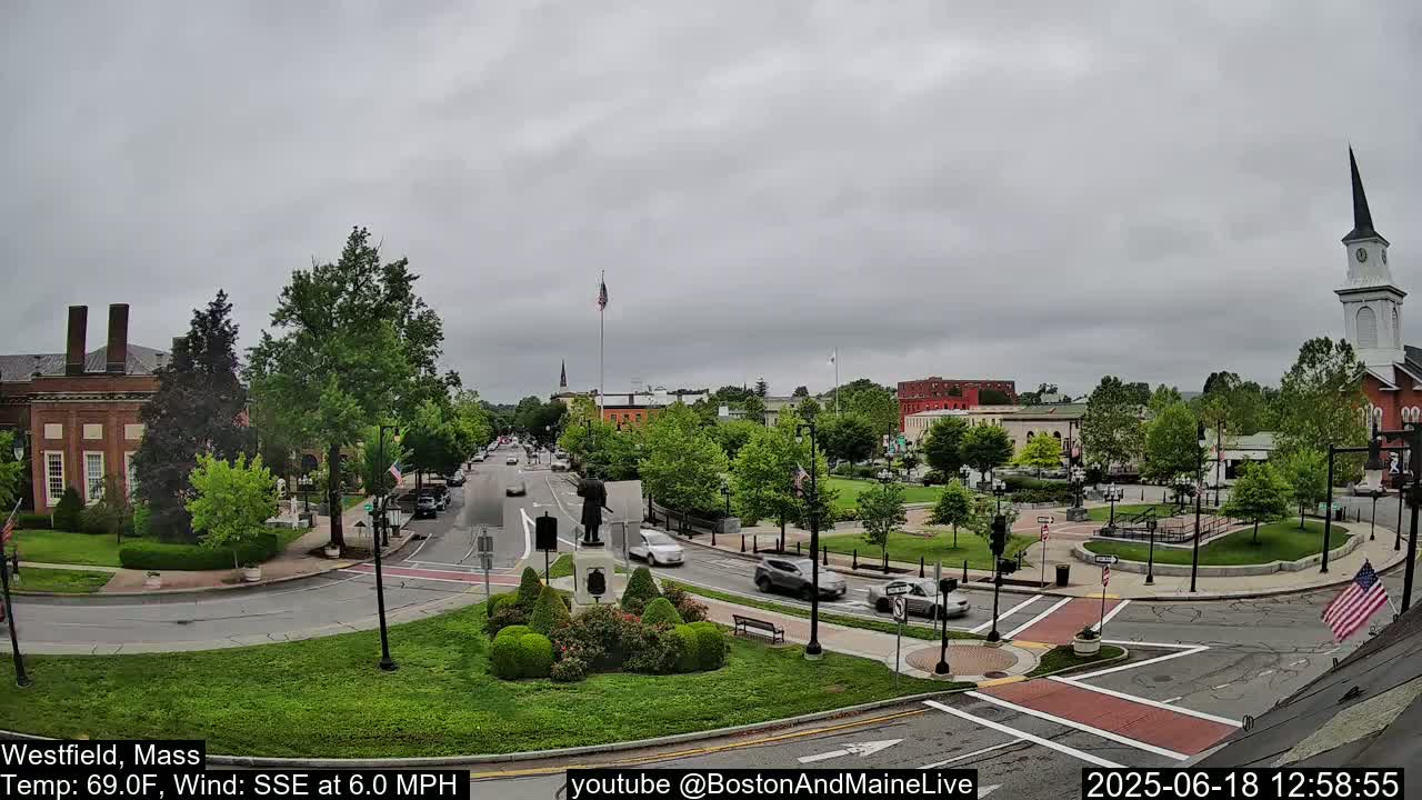 A town square with a statue, several cars, and green spaces under an overcast sky.