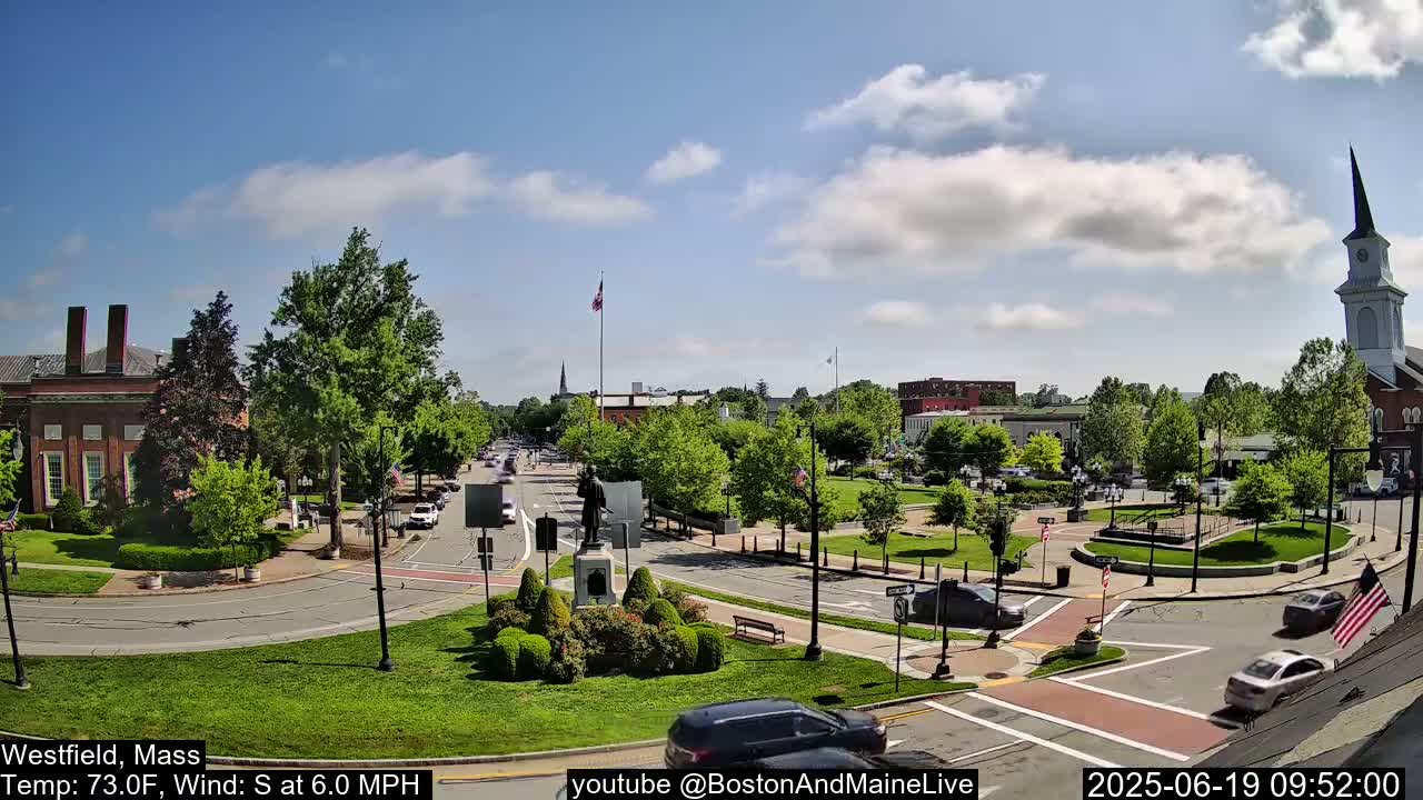 A partly cloudy sunny day shows a town square with a statue, a brick building, and a church steeple; cars are driving through the intersection.