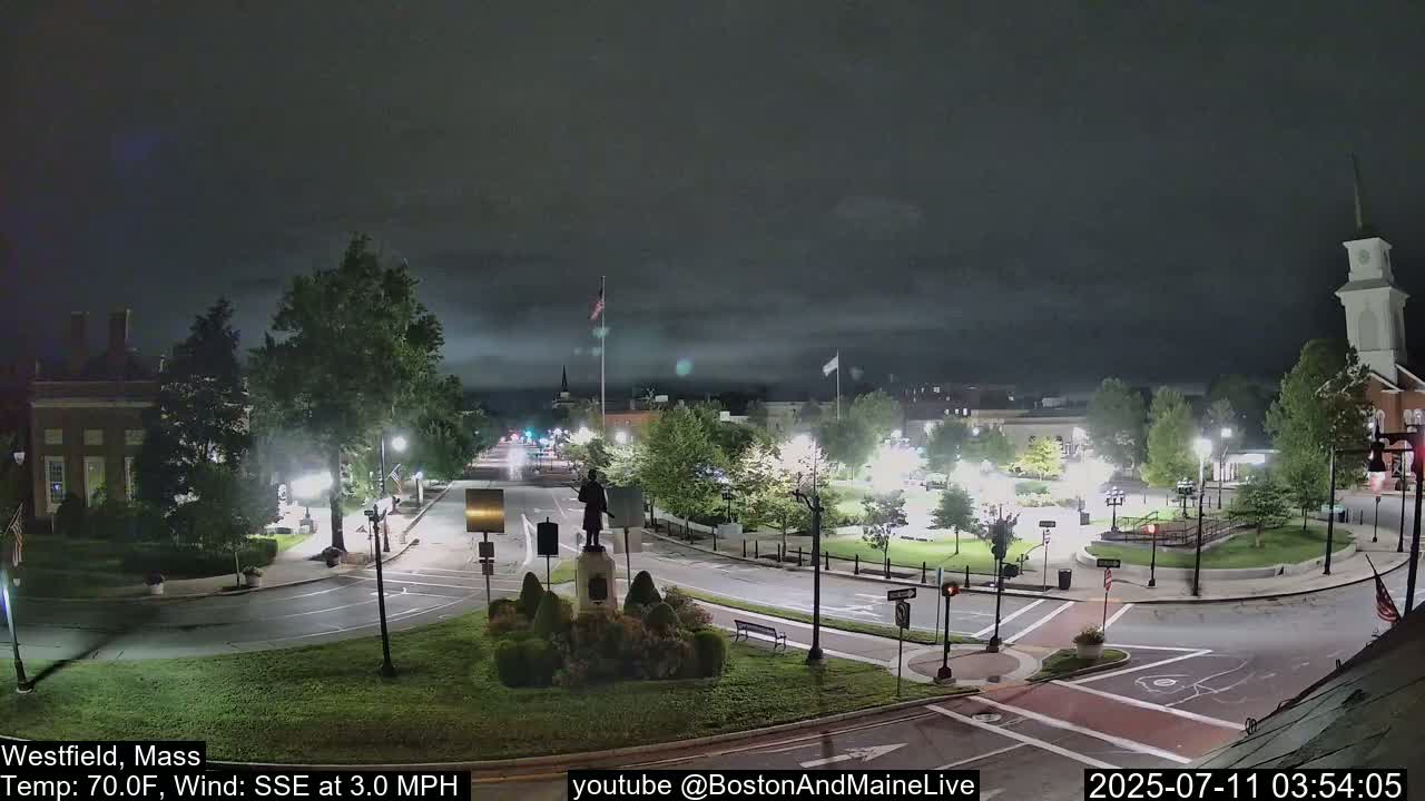 A nighttime view of a town square with a statue, streetlights, and buildings under a mostly cloudy sky.